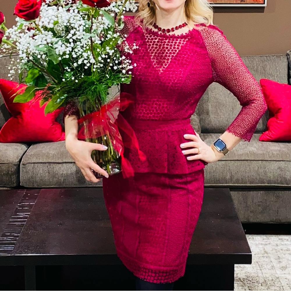 Marchesa Deep Red Lace peplum dress 0